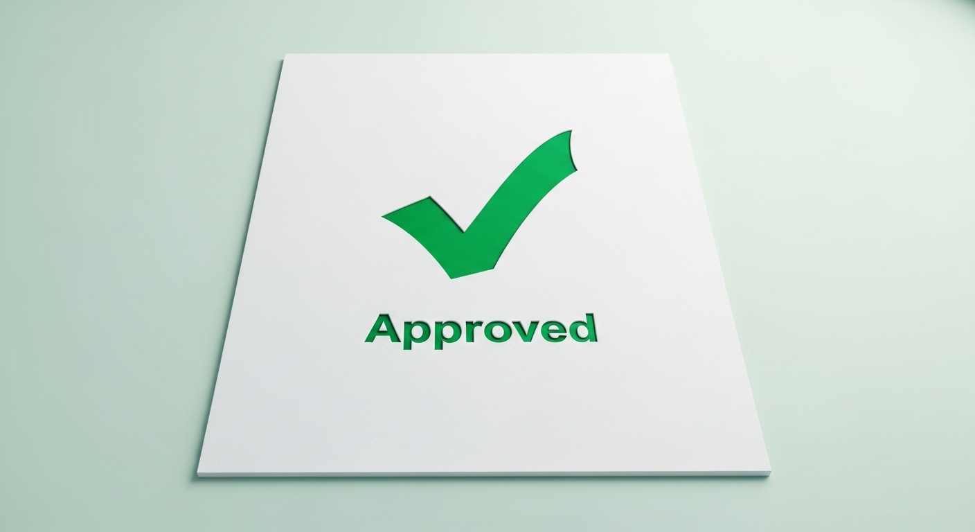 A clean modern approval document with a green checkmark stamp indicating VR eligibility approved