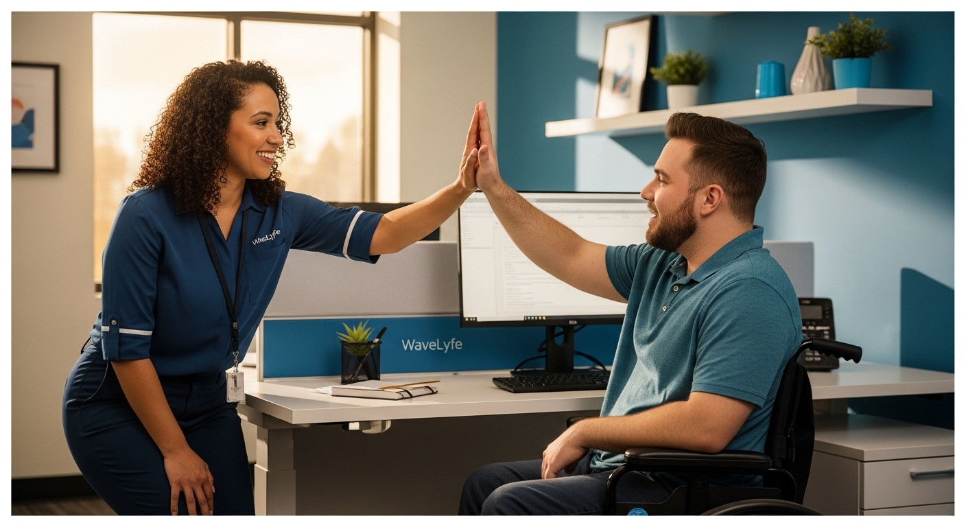 Job coach giving a high five to a client with a disability working confidently behind a desk in a modern office